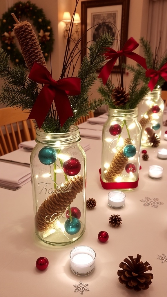 Mason jar centerpieces with pinecones and ornaments on a festive holiday table.